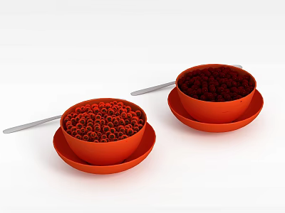 Orange Cups Filled With Red And Dark Red Berries On Orange Saucers With Silver Spoons 3d model