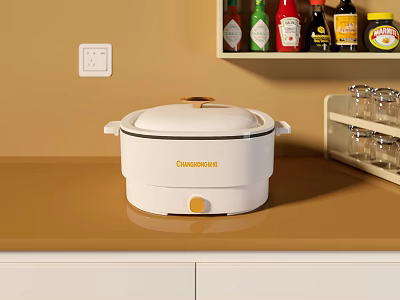 White Display Shelf With Condiment Bottles And Glass Cups Near Electric Cooker On Brown Countertop 3d model