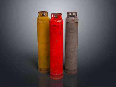 Three Yellow Red Gray Gas Cylinders Essential Household Supplies For Daily Use 3d model