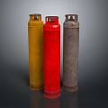 Three Yellow Red Gray Gas Cylinders Essential Household Supplies For Daily Use