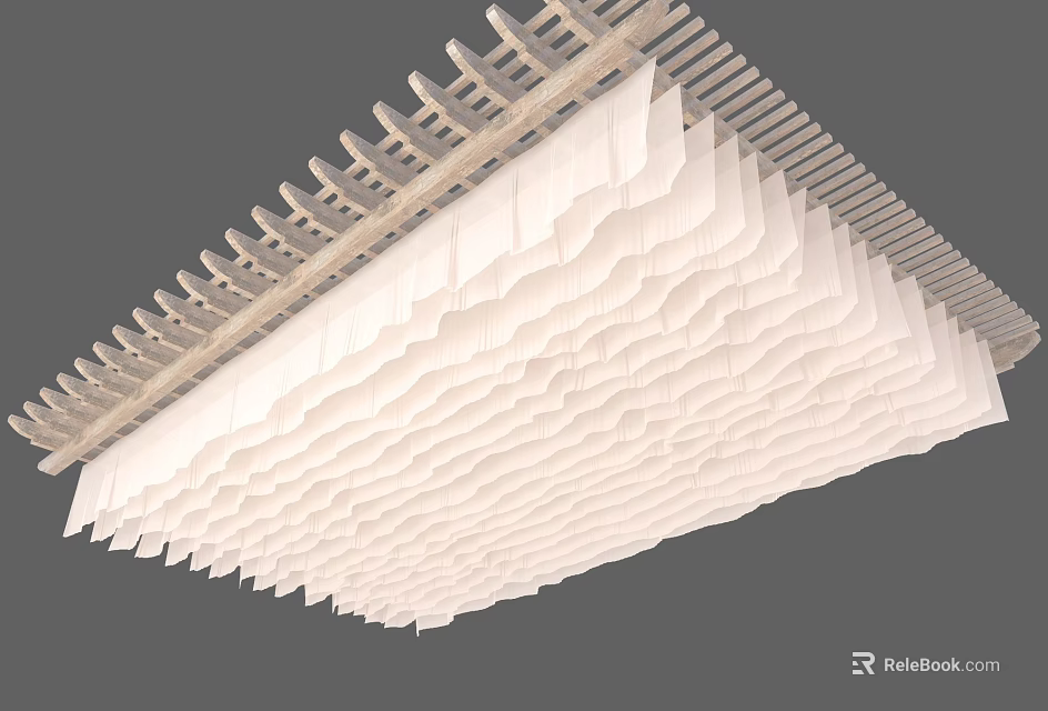 White Wavy Fabric Ceiling Drapery With Wooden Lattice Frame Interior Design 3d model 