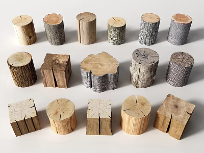 Various Natural Stone Wood Logs And Blocks With Different Textures And Shapes 3d model