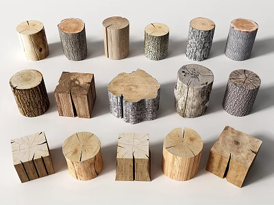Various Natural Stone Wood Logs And Blocks With Different Textures And Shapes 3d model