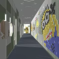 Elevator Corridor With Green White Walls Blue Wavy Floor And Lego Cartoon Decorations