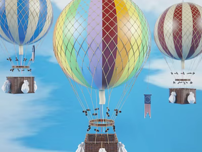 Colorful Striped Hot Air Balloon Amusement Rides With Baskets American Flag And Blue Sky 3d model