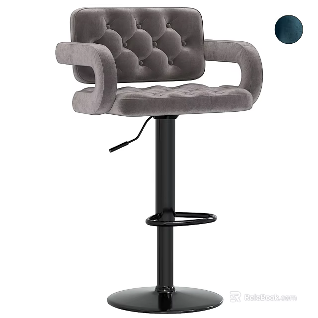 Gray Tufted Upholstered Bar Stool With Black Adjustable Base And Swivel Design 3d model 