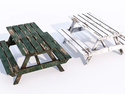 Rustic Green And White Weathered Wood Outdoor Picnic Table And Bench Set 3d model