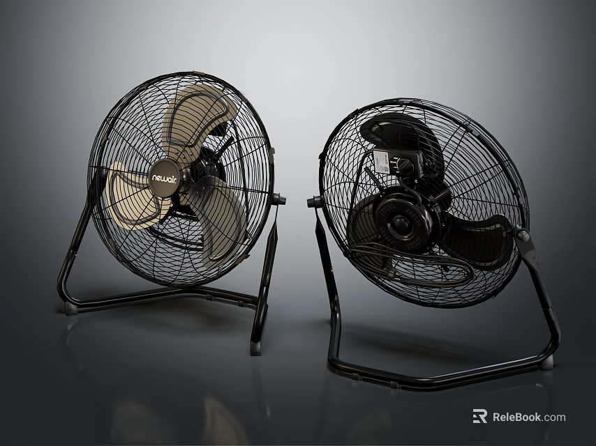 Two Floor Standing Industrial Fans With Black Metal Frames And Different Blade Colors 3d model 