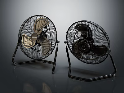 Two Floor Standing Industrial Fans With Black Metal Frames And Different Blade Colors 3d model