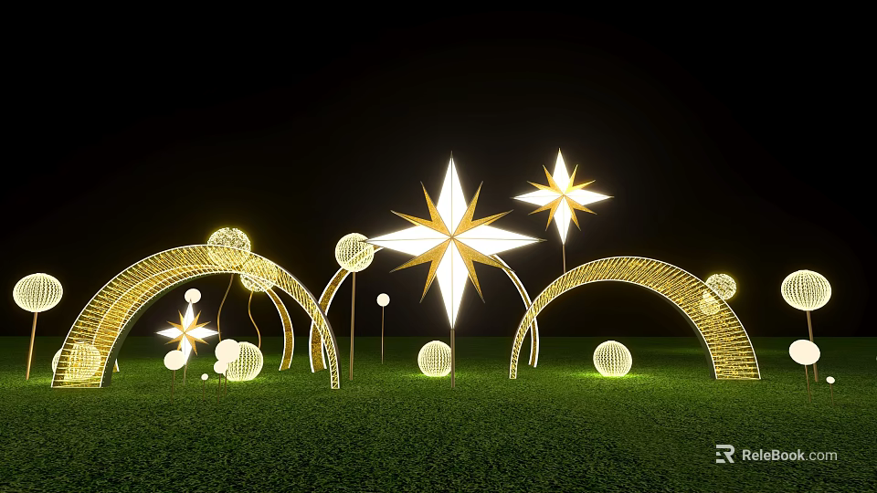 Stunning Nighttime Art Installation With Star Shaped Lights Arched Structures And Grass Field 3d model 