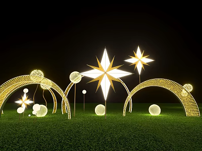 Stunning Nighttime Art Installation With Star Shaped Lights Arched Structures And Grass Field 3d model