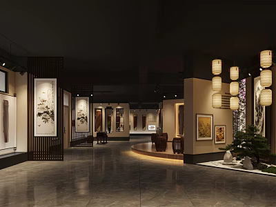 Chinese Exhibition Hall Interior Design With Traditional Lanterns Artworks And Paintings 3d model