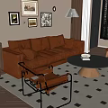 Modern Living Room Interior With Brown Leather Sofa Round Coffee Table And Diamond Pattern Rug