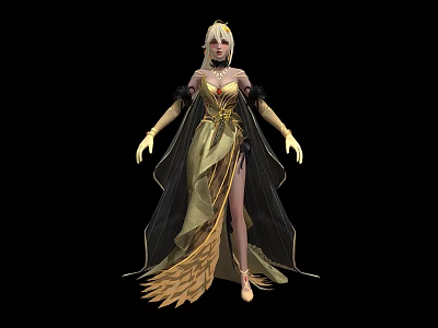 Elegant Woman With Golden Hair Wearing Gold And Black Feathered Dress 3d model