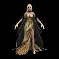 Elegant Woman With Golden Hair Wearing Gold And Black Feathered Dress