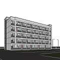 White Multi Storey School Building With Balconies Trees Grass Road And Cars