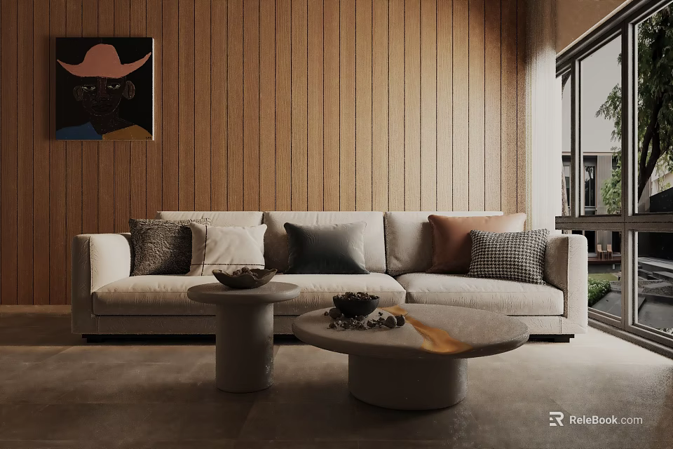 Three Seater Sofa with Mixed Color Pillows against Wooden Wall and Decorative Artwork by Coffee Tables 3d model 