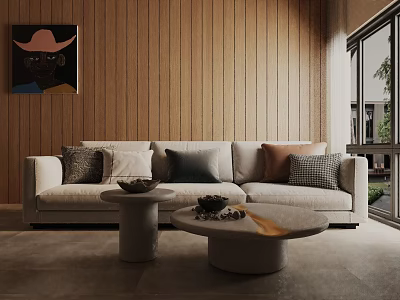 Three Seater Sofa with Mixed Color Pillows against Wooden Wall and Decorative Artwork by Coffee Tables 3d model