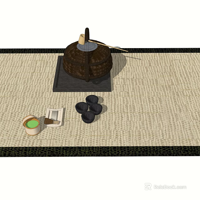 Traditional Brown Teaset with Teapot Teacup Saucer and Coasters on Beige Woven Mat 3d model 