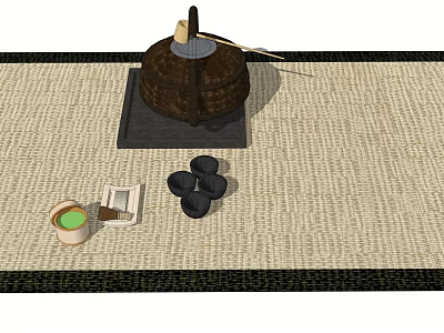 Traditional Brown Teaset with Teapot Teacup Saucer and Coasters on Beige Woven Mat 3d model