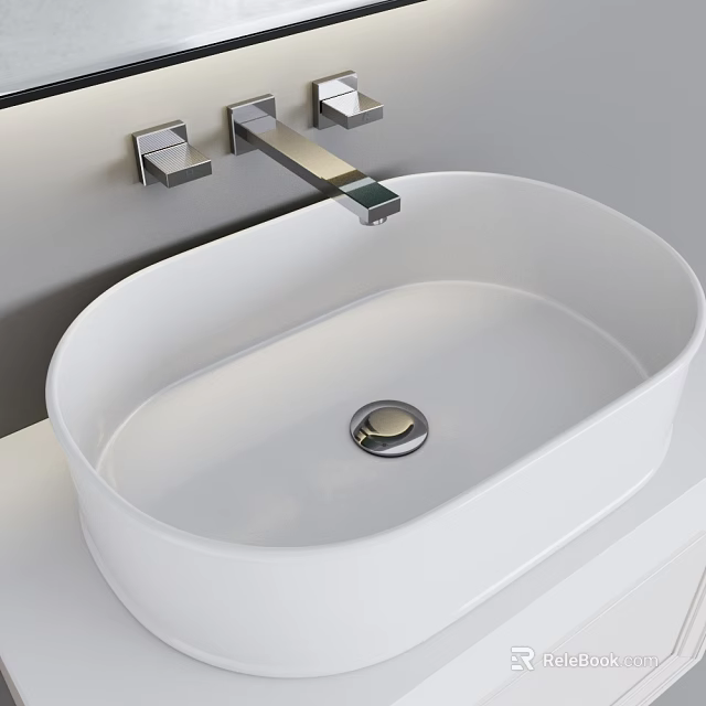 Modern Oval White Countertop Washbasin with Silver Faucet and Grey Wall 3d model 