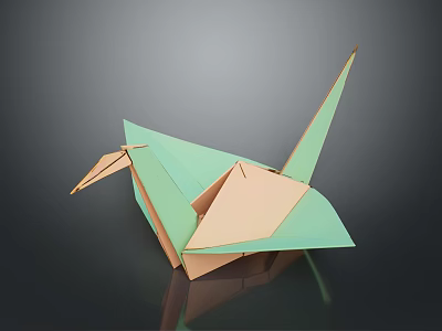 Green And Beige Origami Crane Paper Craft On Black Reflective Background 3d model