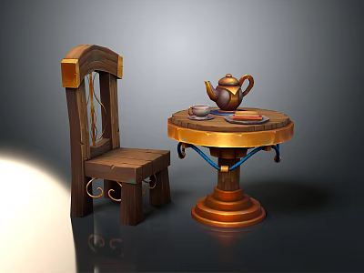 Vintage Wooden Chair And Round Table Setup With Teapot Teacup And Metal Accents 3d model