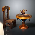 Vintage Wooden Chair And Round Table Setup With Teapot Teacup And Metal Accents