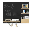 Wall Decor with Black Panel Handwritten Notes Light Bulb Small Shelves Calendar Key Hooks and Stationery