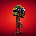 3D Cartoon Character Wearing Red Racing Suit And Yellow Helmet Waving Hand On Red Background