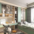 Tatami Bedroom Interior With Green Cabinets Bookshelves Window Curtains And Desk