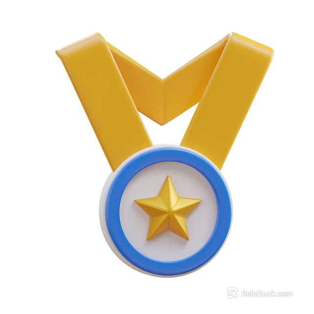 Gold Star Medal with Yellow Ribbon Blue Border and White Inner Circle 3d model 