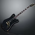 Sleek Black Electric Guitar with Wooden Grain Texture and Artistic Inlays