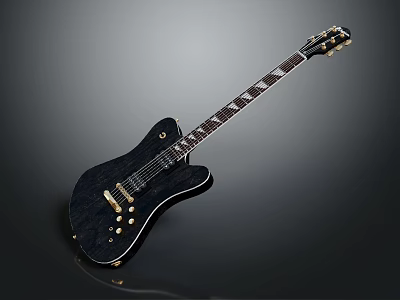 Sleek Black Electric Guitar with Wooden Grain Texture and Artistic Inlays 3d model