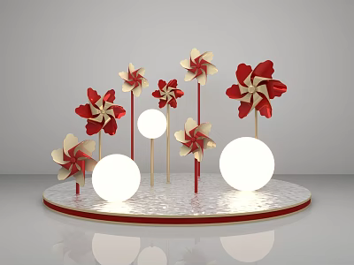 Red And White Pinwheels With Round White Lights On Circular Display Stand 3d model