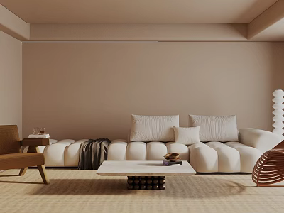 Modern Living Room Interior With Beige Sofa Pillows Wooden Armchair And Coffee Table 3d model