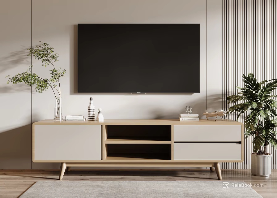 Modern Light Wood TV Stand With Drawers Open Shelves Wall Mounted TV And Plants 3d model 