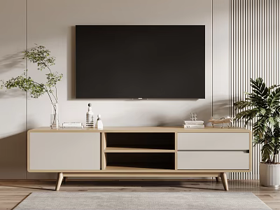 Modern Light Wood TV Stand With Drawers Open Shelves Wall Mounted TV And Plants 3d model