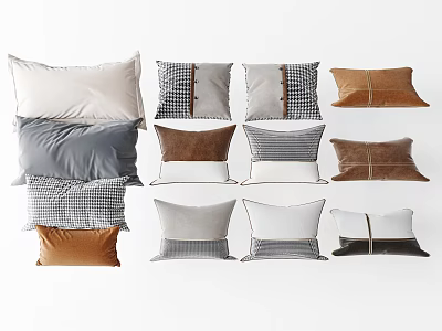 Stylish Decorative Throw Pillows In White Gray Brown With Checkered Patterns And Contrast Stitching 3d model