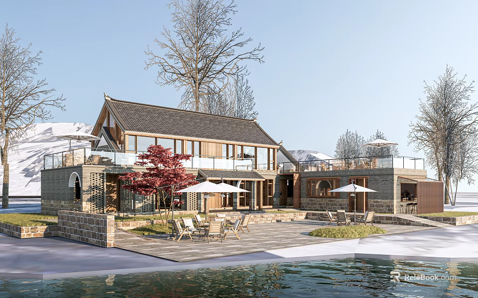 Traditional Rural Self Built House With Large Windows Surrounding Trees And Waterfront Terrace 3d model 