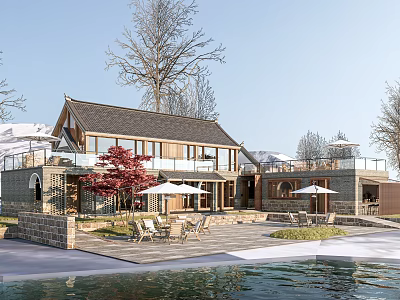 Traditional Rural Self Built House With Large Windows Surrounding Trees And Waterfront Terrace 3d model