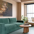 Modern Living Room Interior With Green Sofa White Chairs And Wooden Coffee Table Large Windows