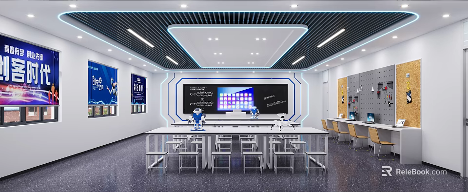 School Smart Technology Classroom Featuring Interactive Blackboard Robots And Student Desks 3d model