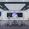 School Smart Technology Classroom Featuring Interactive Blackboard Robots And Student Desks 3d model
