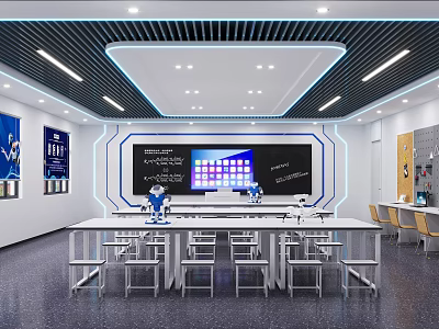 School Smart Technology Classroom Featuring Interactive Blackboard Robots And Student Desks 3d model