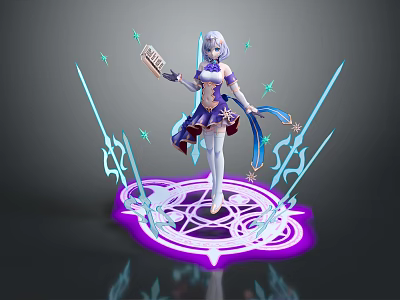 Game Character with White Hair Purple Blue Outfit Magic Book Glowing Effects Purple Magic Circle 3d model
