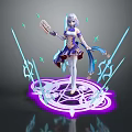 Game Character with White Hair Purple Blue Outfit Magic Book Glowing Effects Purple Magic Circle