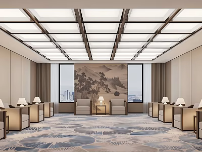 Modern Front Desk Reception Interior With Chinese Style Sofa Coffee Tables And Landscape Painting 3d model