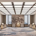 Modern Front Desk Reception Interior With Chinese Style Sofa Coffee Tables And Landscape Painting