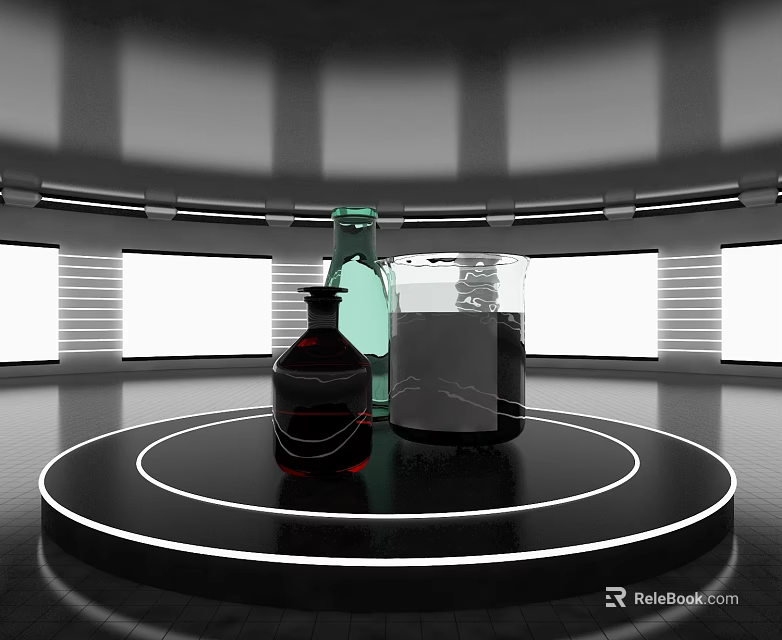 Modern Display Shelf With Circular Platform Three Bottles And Lit Wall Background 3d model 